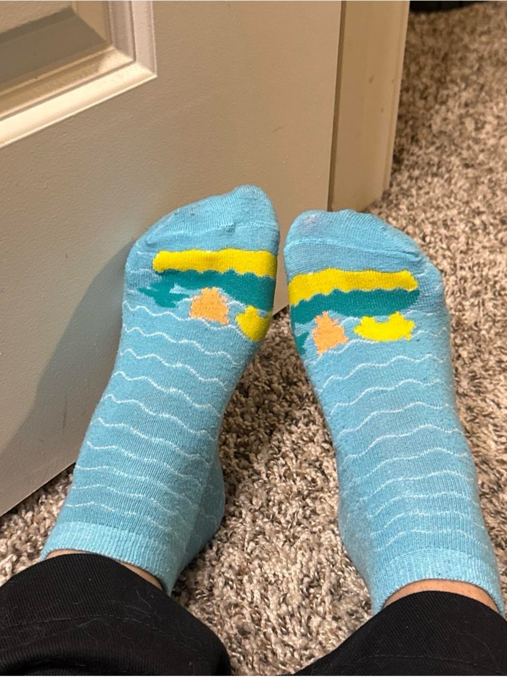 Aqua Blue Women's Worn Socks with Yellow Wave Accent